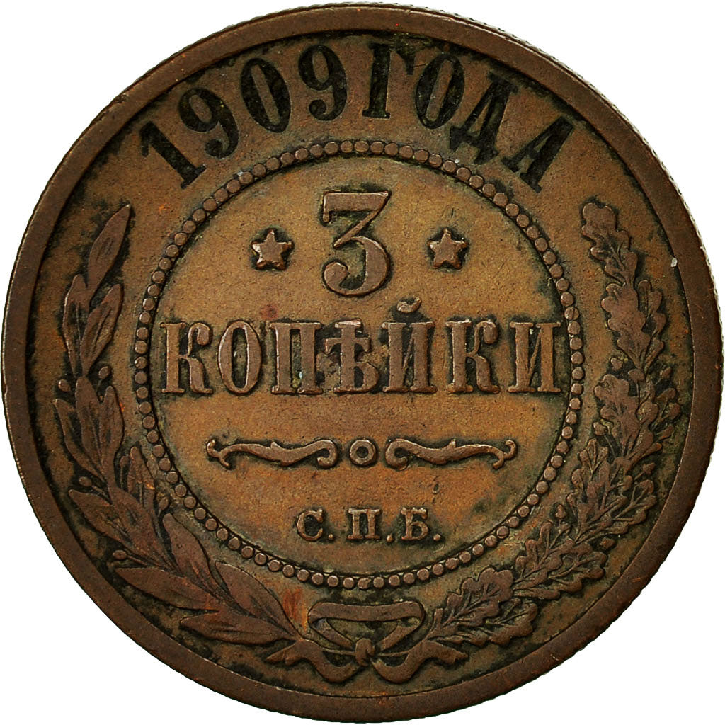 Münze, Russland, Nicholas II, 3 Kopeks, 1909, St. Petersburg, S+, Kupfer