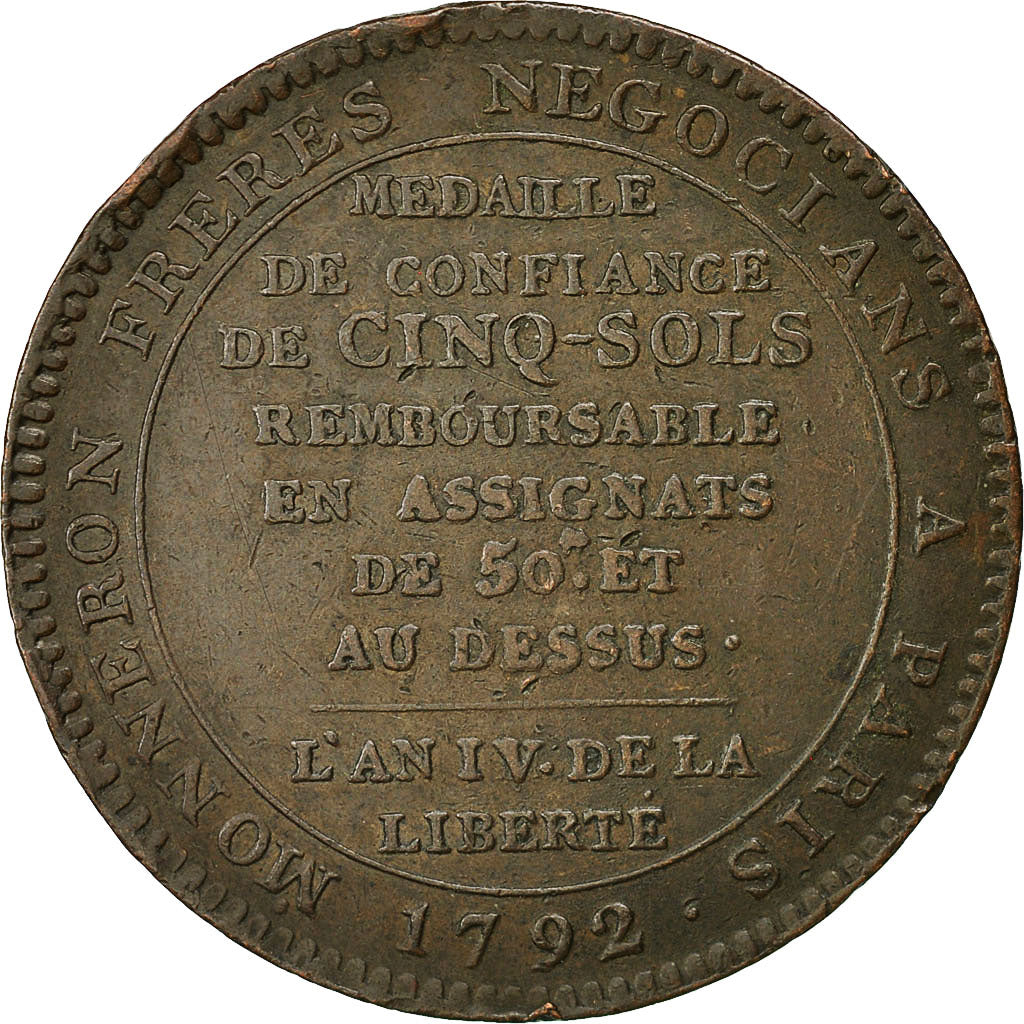 France, 5 Sols Monneron, 1792, Birmingham, EF(40-45), Bronze, KM:Tn31