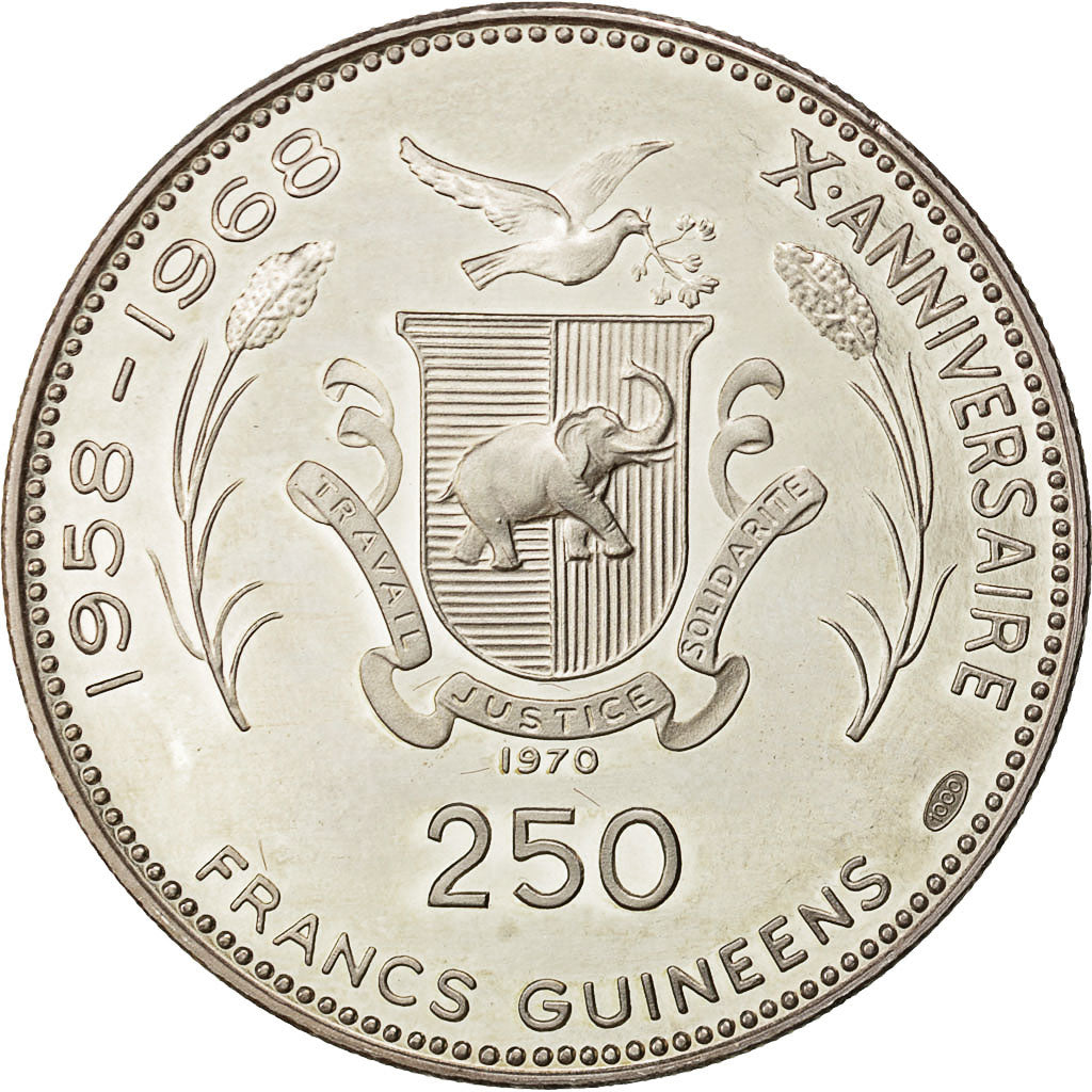 Coin, Guinea, 250 Francs, 1970, MS(63), Silver, KM:12