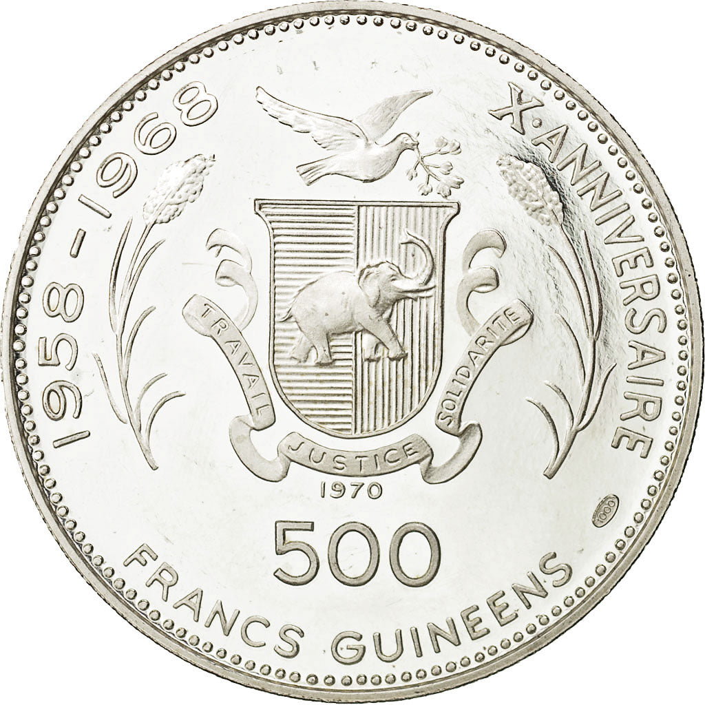 Coin, Guinea, 500 Francs, 1970, MS(63), Silver, KM:15
