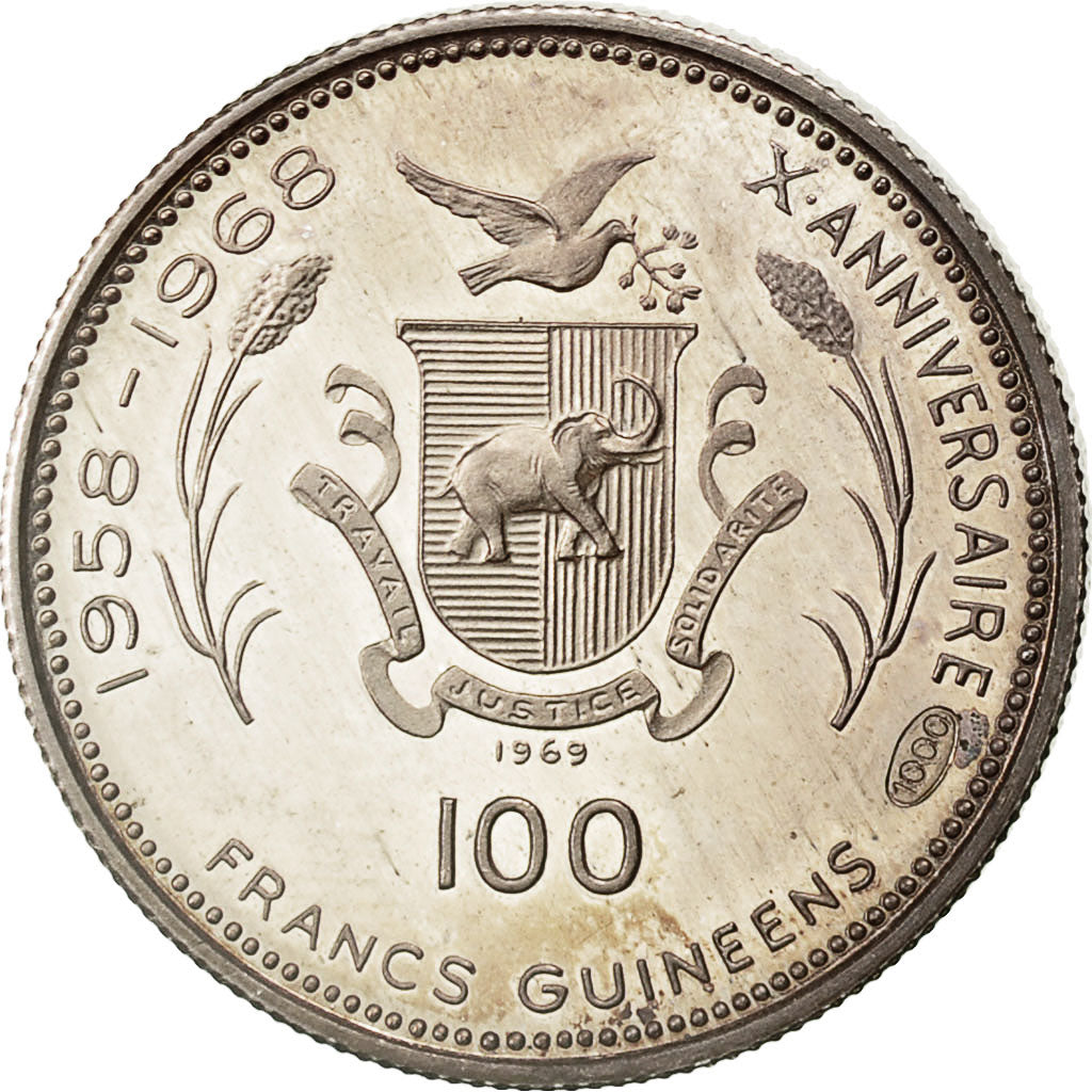 Münze, Guinea, 100 Francs, 1969, UNZ, Silber, KM:9