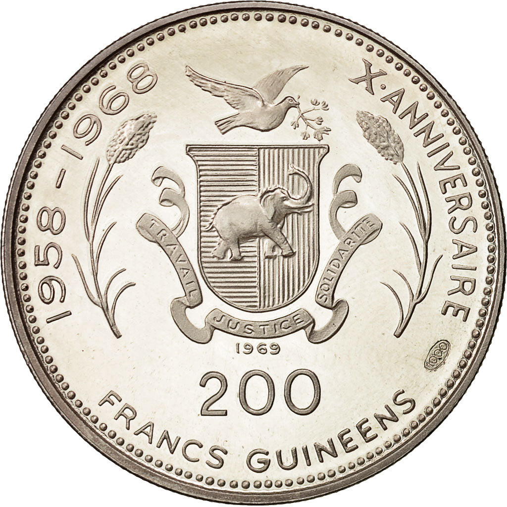 Moneda, Guinea, 200 Francs, 1969, SC, Plata, KM:11