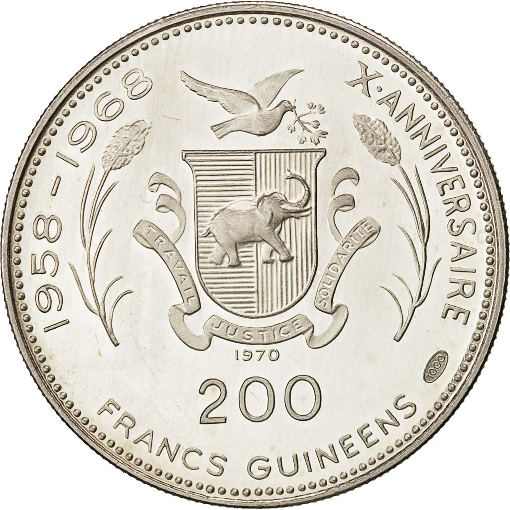 Coin, Guinea, 200 Francs, 1970, MS(63), Silver, KM:10