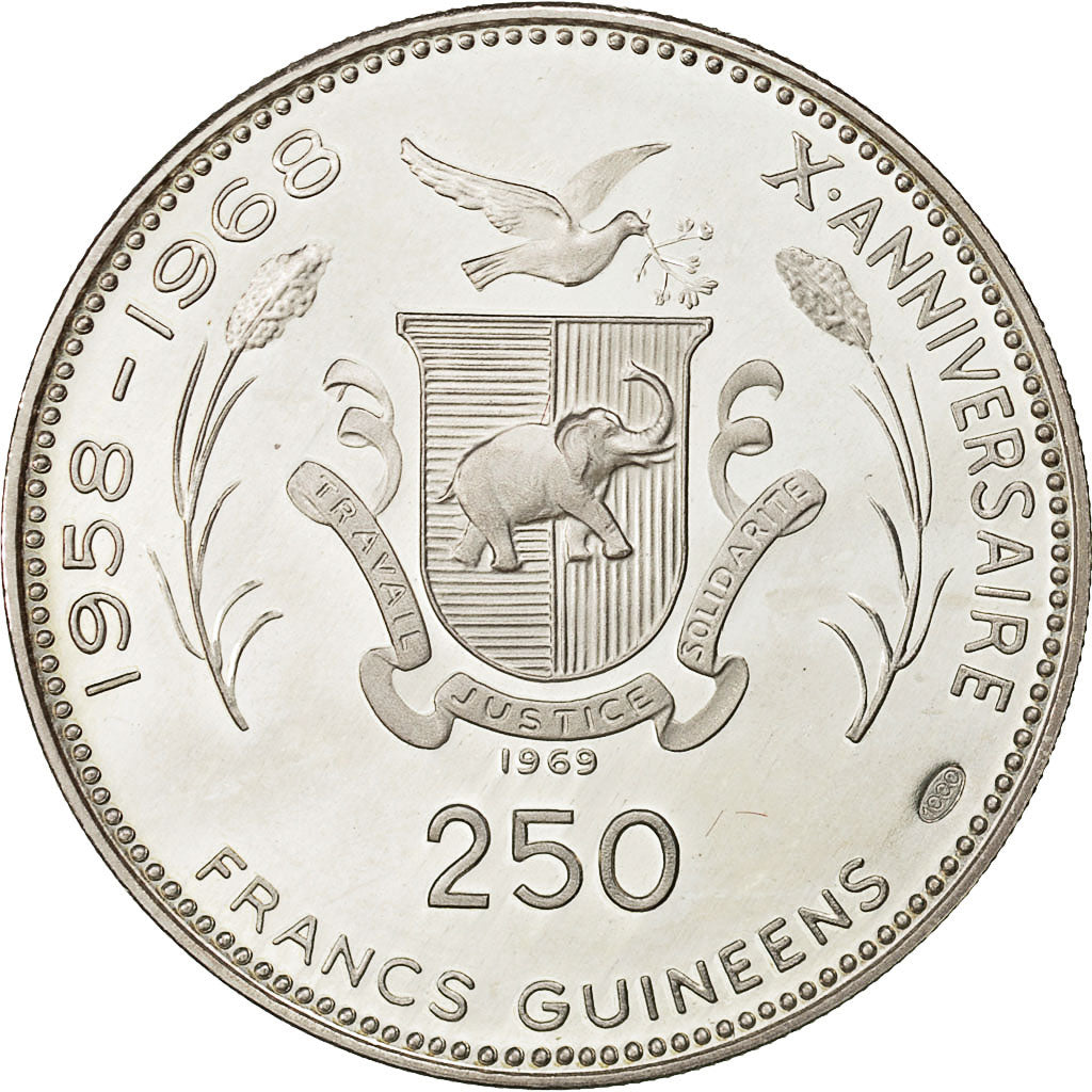 Münze, Guinea, 250 Francs, 1969, UNZ, Silber, KM:13