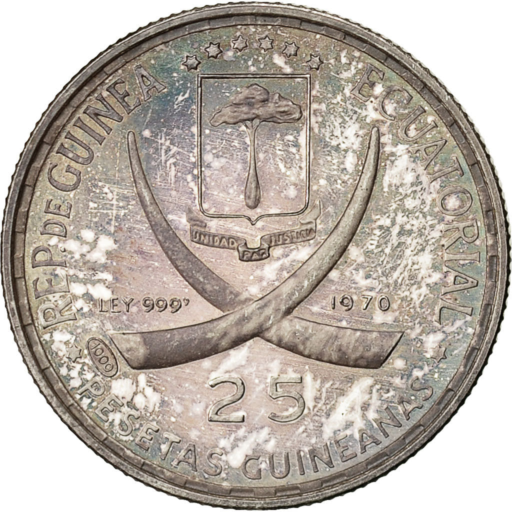 Moneta, Guinea equatoriale, 25 Pesetas, 1970, SPL, Argento, KM:5