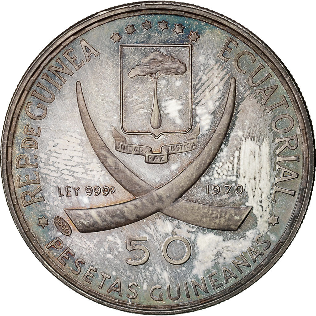Moneda, Guinea Ecuatorial, 50 Pesetas, 1970, SC, Plata, KM:7