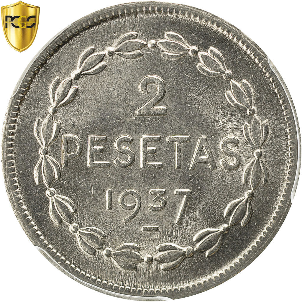 Coin, SPAIN CIVIL WAR, EUZKADI, 2 Pesetas, 1937, Brussels, PCGS, MS65