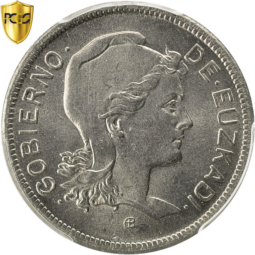 Munten, SPAANSE BURGEROORLOG, EUZKADI, 2 Pesetas, 1937, Brussels, PCGS, MS66