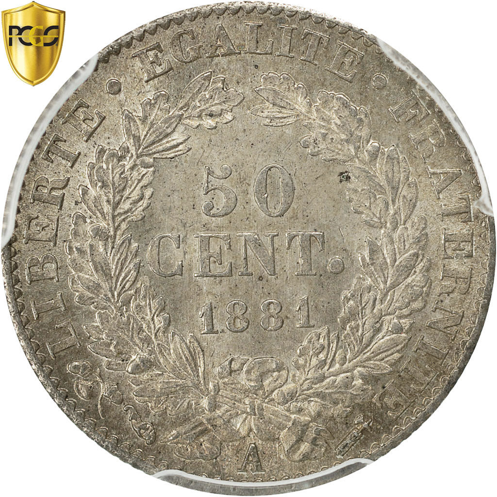 Moneta, Francia, Cérès, 50 Centimes, 1881, Paris, PCGS, MS64, SPL+, Argento