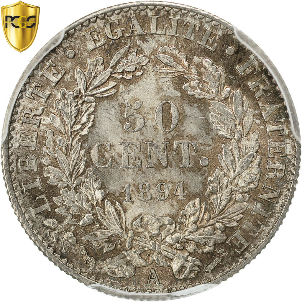 Coin, France, Cérès, 50 Centimes, 1894, Paris, PCGS, MS64, MS(64), Silver