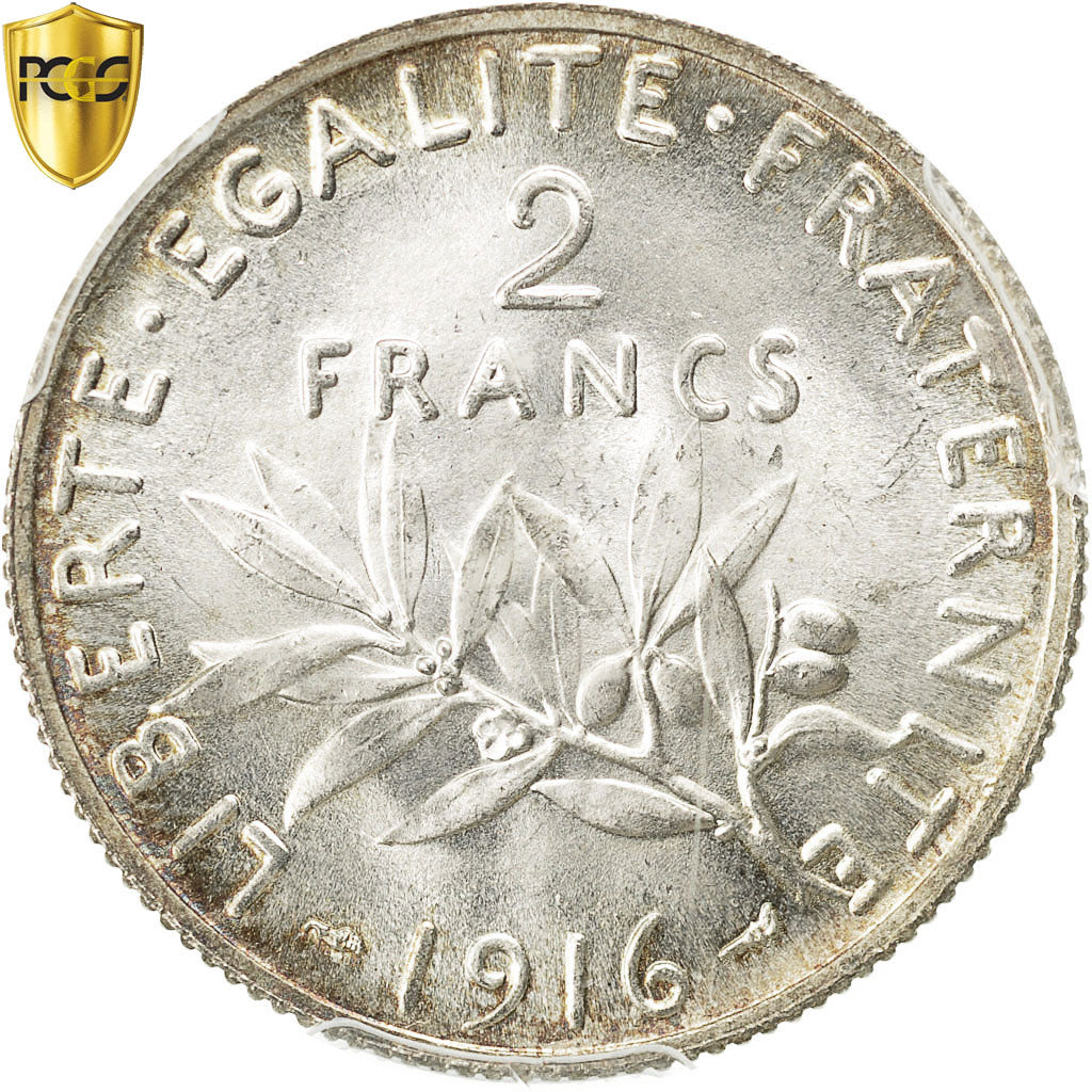 Coin, France, Semeuse, 2 Francs, 1916, Paris, PCGS, MS64, MS(64), Silver