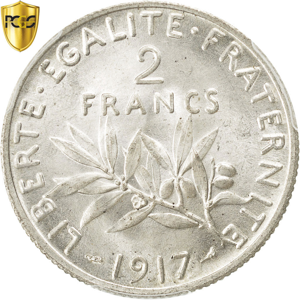 Coin, France, Semeuse, 2 Francs, 1917, Paris, PCGS, MS64, MS(64), Silver