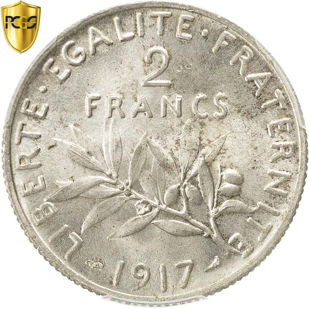 Moneta, Francia, Semeuse, 2 Francs, 1917, Paris, PCGS, MS64, SPL+, Argento