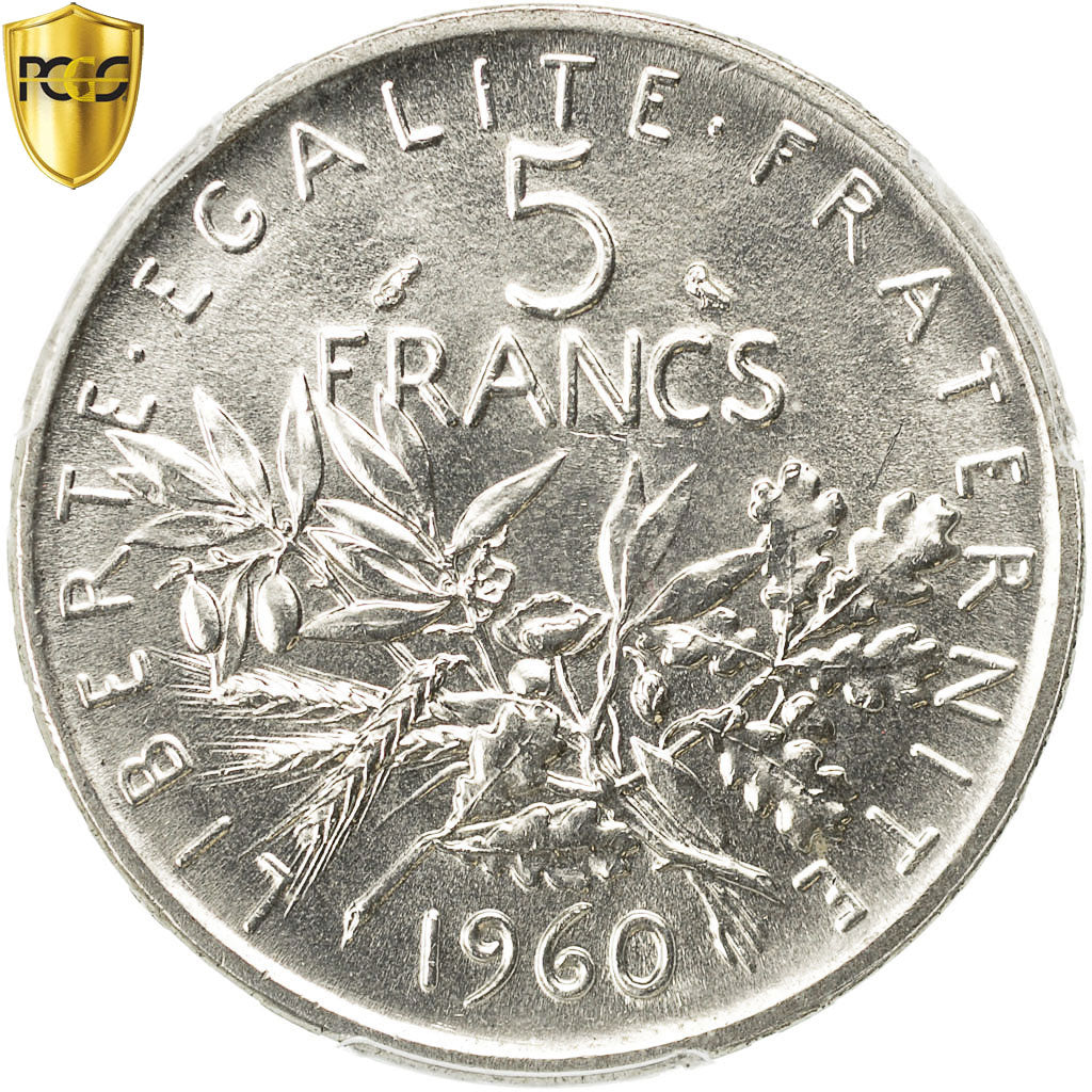 Coin, France, Semeuse, 5 Francs, 1960, PCGS, MS66, Silver, KM:926, graded