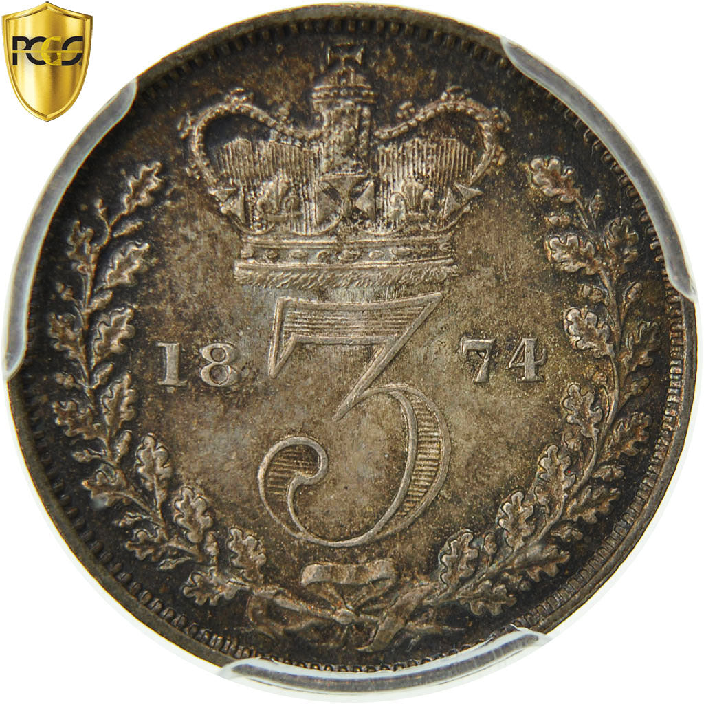 Coin, Great Britain, Victoria, 3 Pence, 1874, PCGS, PL65, MS(65-70), Silver