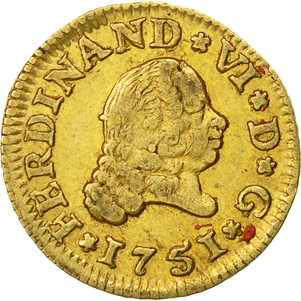 Coin, Spain, Ferdinand VI, 1/2 Escudo, 1751, Segovia, EF(40-45), Gold, KM:374