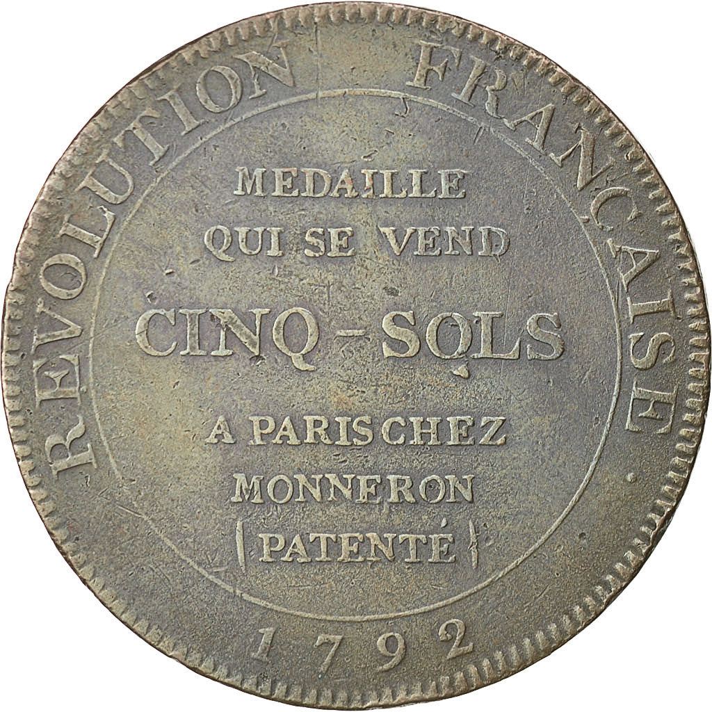 Coin, France, Monneron à l'Hercule, 5 Sols, 1792, VF(30-35), Bronze