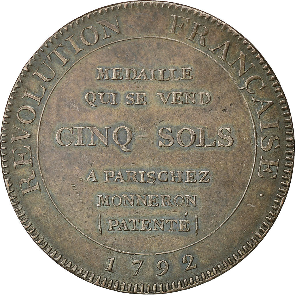 Coin, France, Monneron à l'Hercule, 5 Sols, 1792, AU(55-58), Bronze