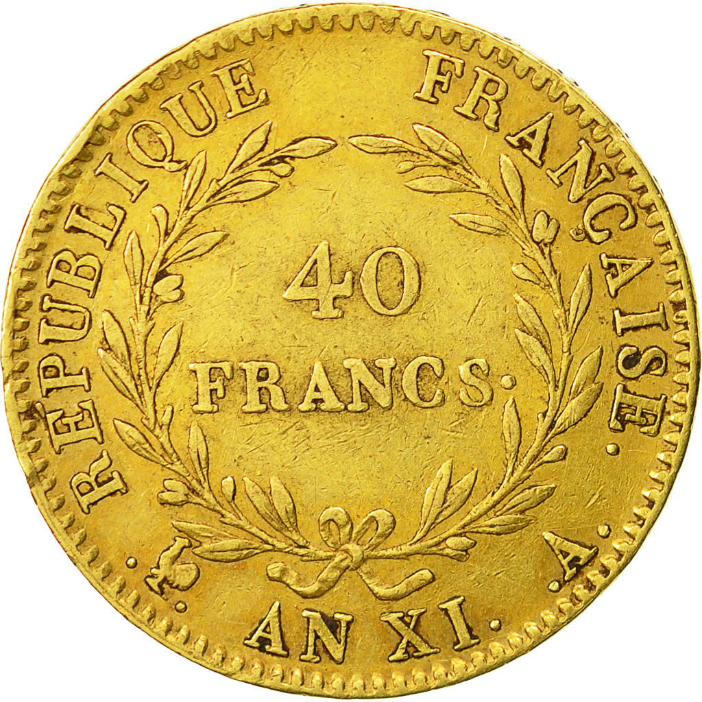 Moneda, Francia, Napoléon I, 40 Francs, An XI, Paris, MBC, Oro, KM:652
