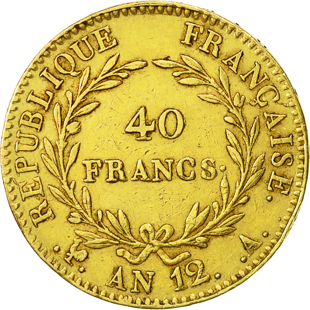 Moneda, Francia, Napoléon I, 40 Francs, An 12 (1804), Paris, MBC, Oro, KM:652