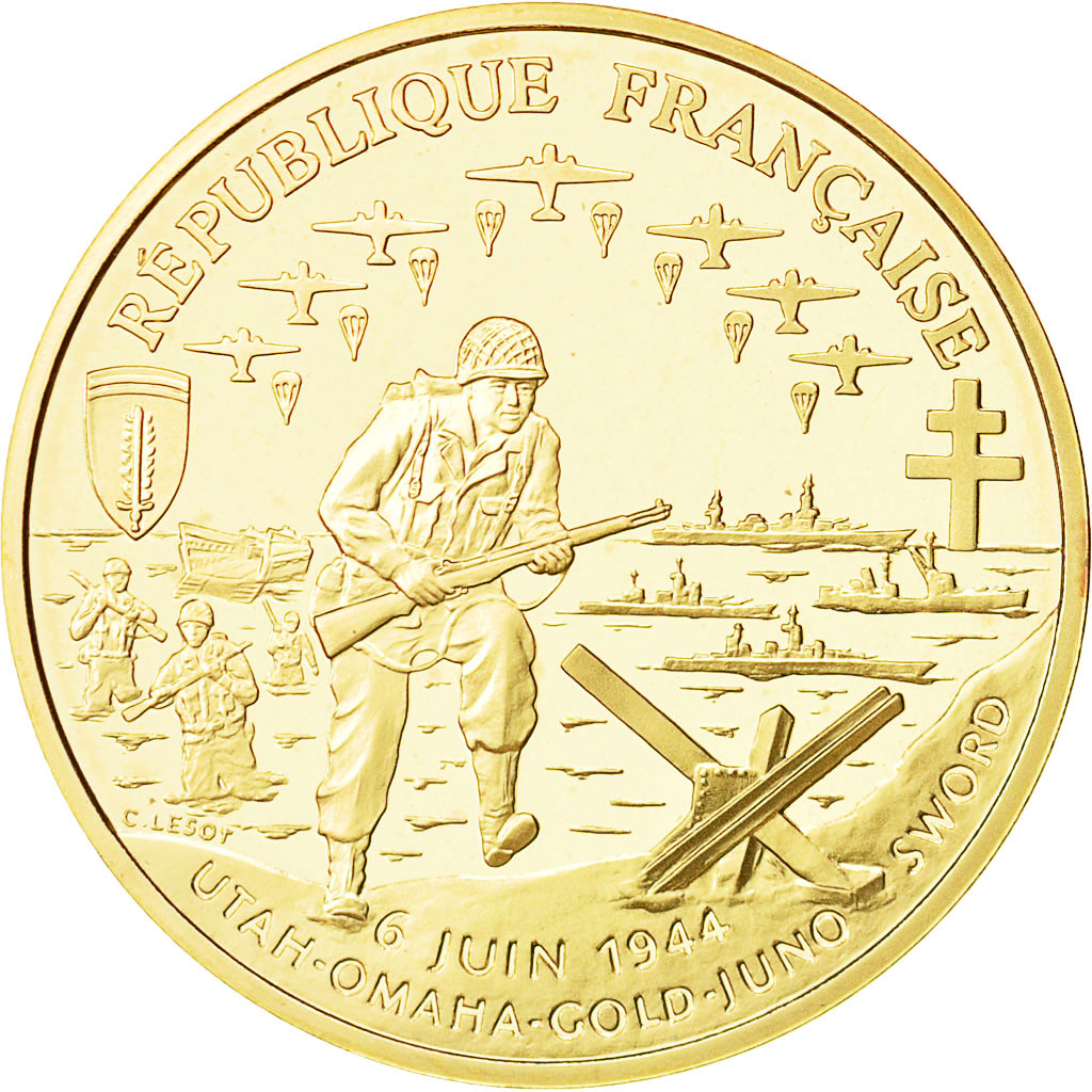 Coin, France, Débarquement allié, Franc, 1993, MS(63), Gold, KM:1015
