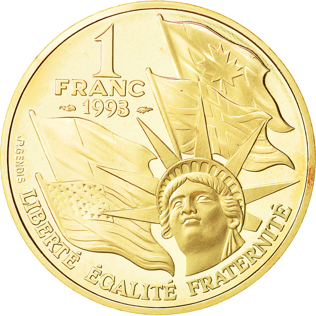 Coin, France, Débarquement allié, Franc, 1993, MS(63), Gold, KM:1015