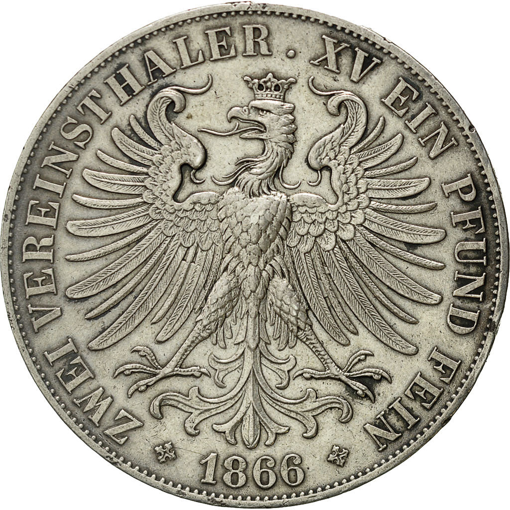 Coin, German States, FRANKFURT AM MAIN, 2 Thaler, 3-1/2 Gulden, 1866, AU(55-58)