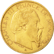 Moneta, Monaco, Charles III, 20 Francs, Vingt, 1878, Paris, BB, Oro, KM:98
