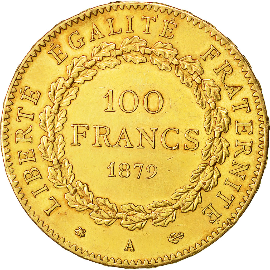 Moneda, Francia, Génie, 100 Francs, 1879, Paris, MBC+, Oro, KM:832