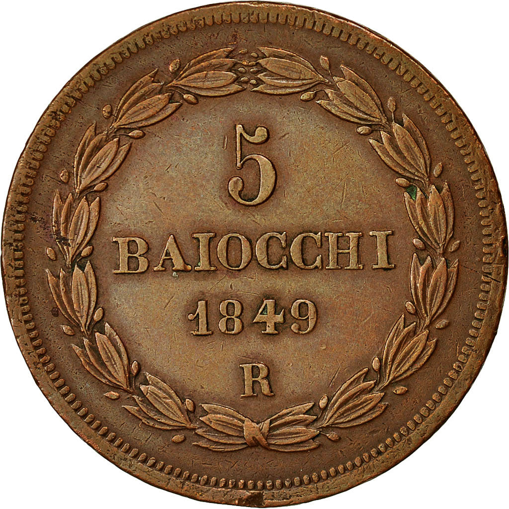 Coin, ITALIAN STATES, PAPAL STATES, Pius IX, 5 Baiocchi, 1849, Roma, AU(50-53)