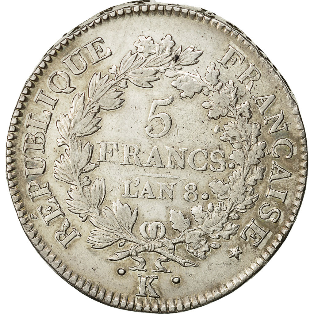 Moneda, Francia, Union et Force, 5 Francs, AN 8, Bordeaux, EBC, Plata, KM:639.5