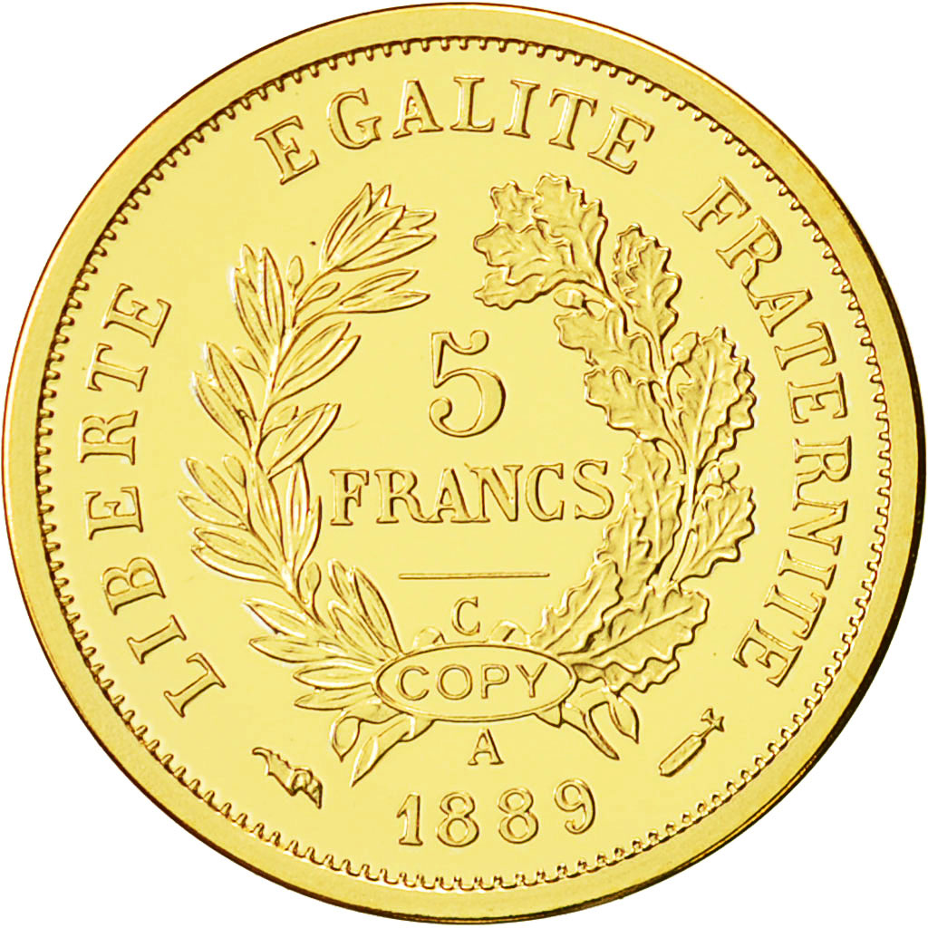 France, Médaille, Reproduction 5 Francs Cérès, 1889, SPL, Or