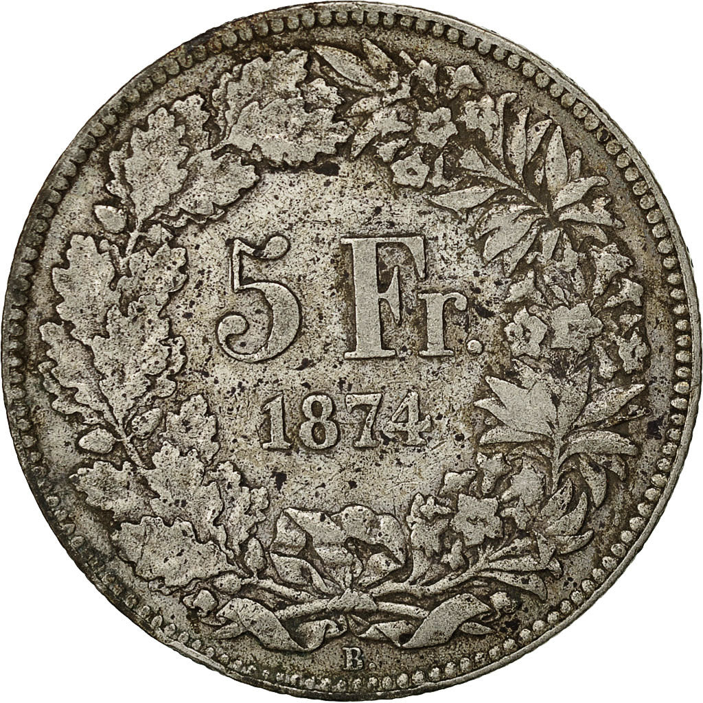Coin, Switzerland, 5 Francs, 1874, Brussels, VF(20-25), Silver, KM:11