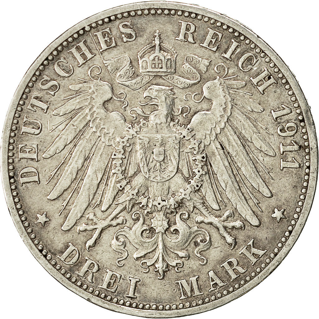 Coin, German States, WURTTEMBERG, Wilhelm II, 3 Mark, 1911, Freudenstadt