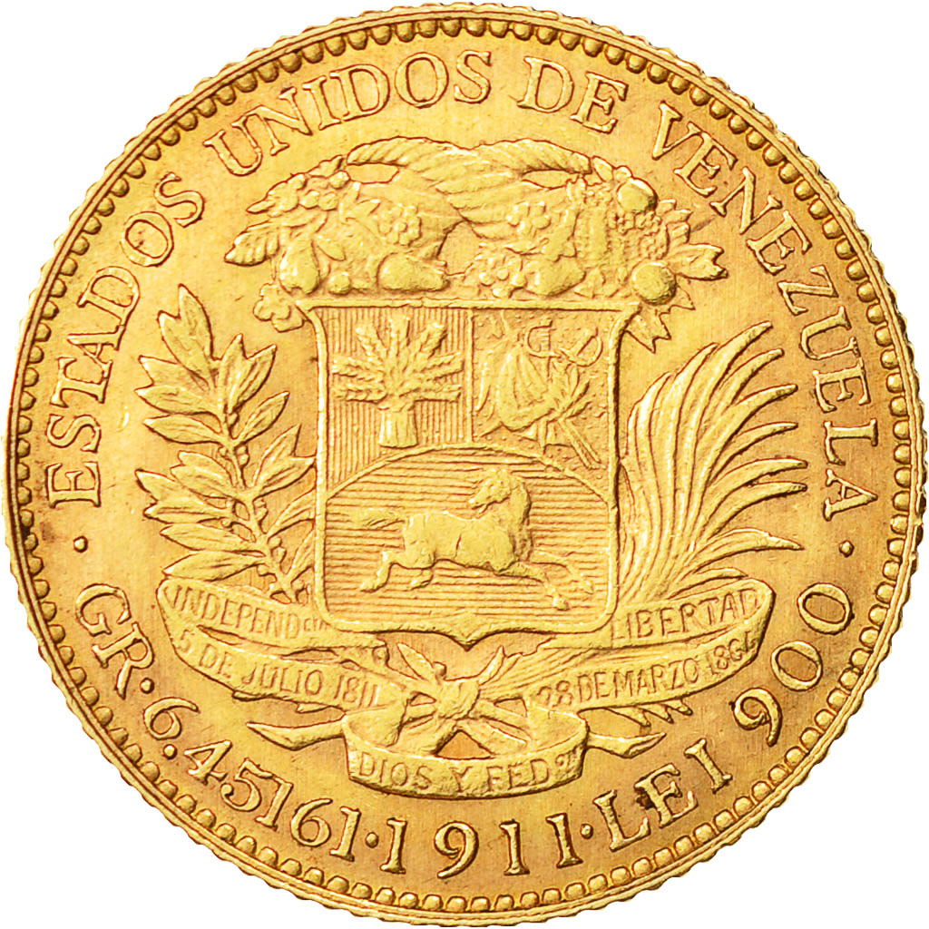Moneda, Venezuela, Gr 6.4516, 20 Bolivares, 1911, EBC, Oro, KM:32
