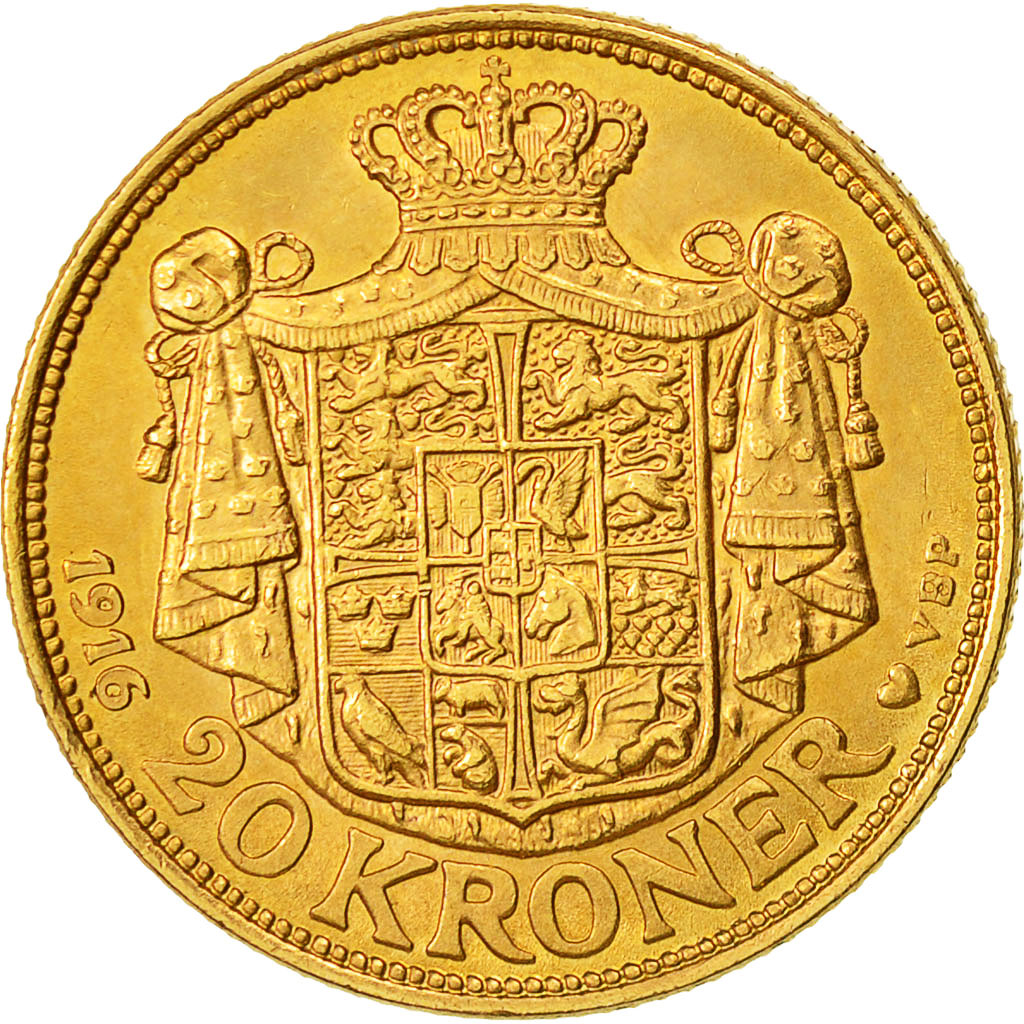 Moneta, Danimarca, Christian X, 20 Kroner, 1916, Copenhagen, SPL-, Oro, KM:817.1