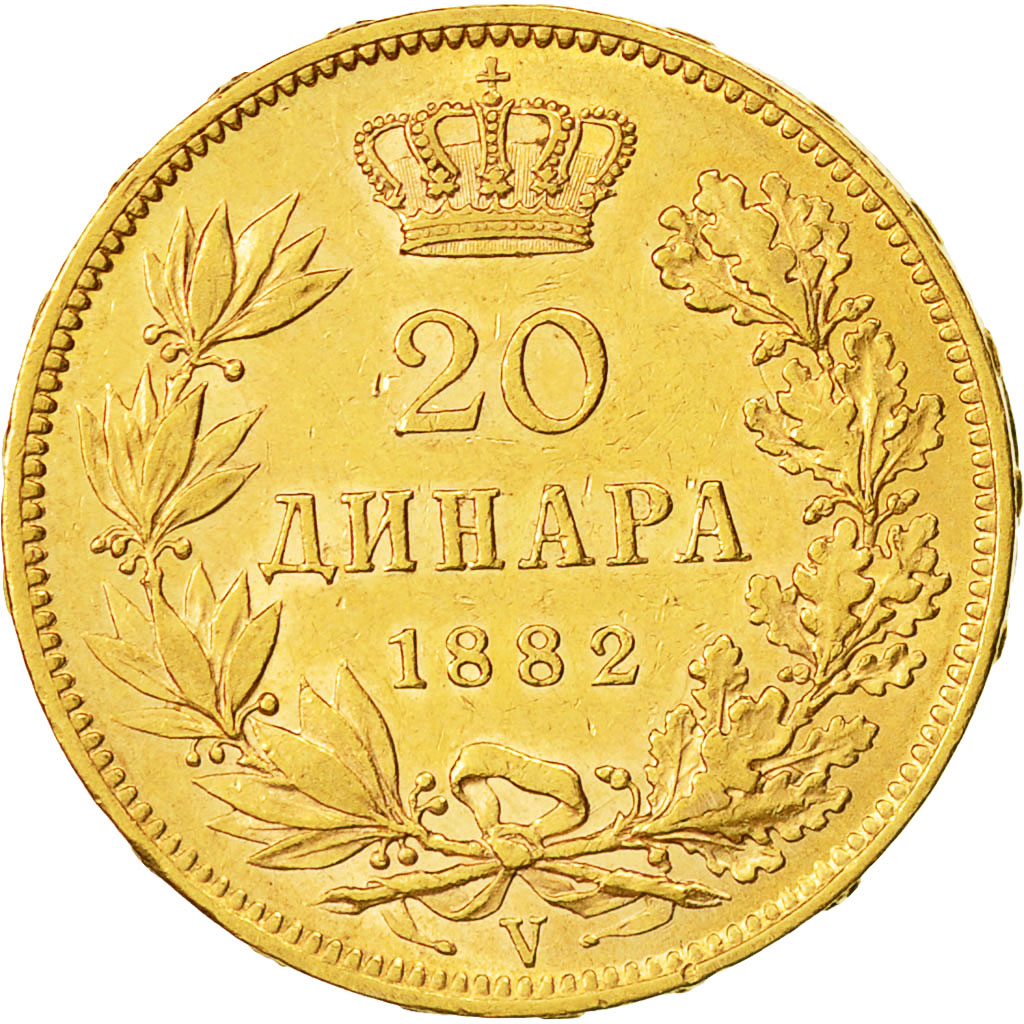 Coin, Serbia, Milan I, 20 Dinara, 1882, AU(55-58), Gold, KM:17.1
