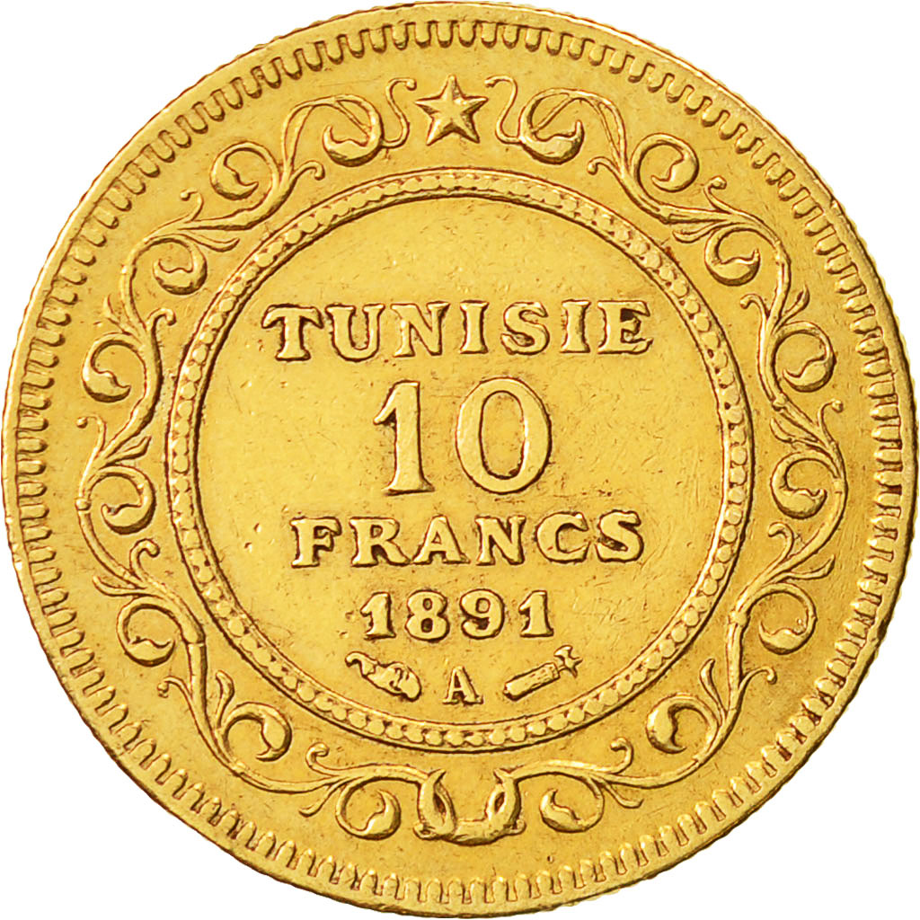Moneta, Tunisia, Ali Bey, 10 Francs, 1891, Paris, BB, Oro, KM:226