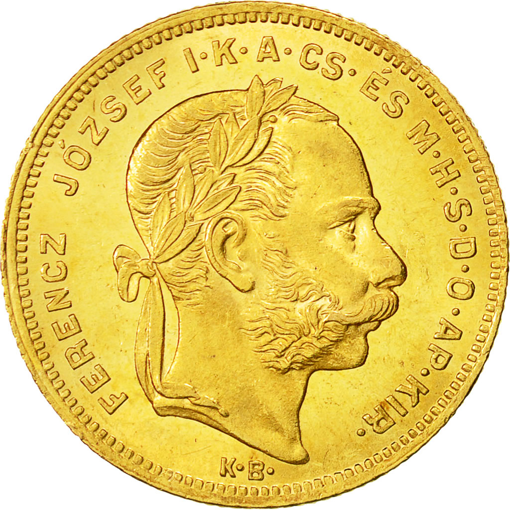 Coin, Hungary, Franz Joseph I, 8 Forint 20 Francs, 1875, MS(60-62), Gold