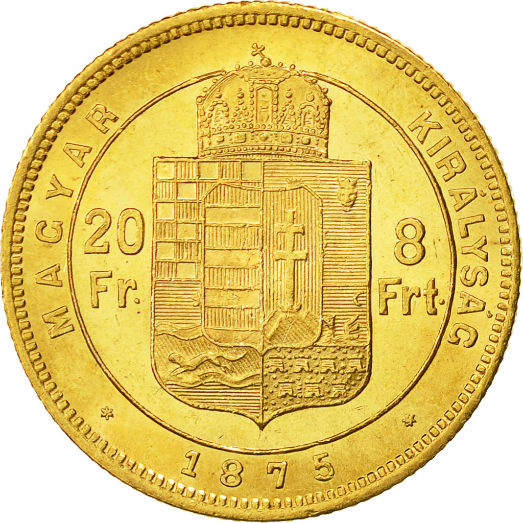 Coin, Hungary, Franz Joseph I, 8 Forint 20 Francs, 1875, MS(60-62), Gold