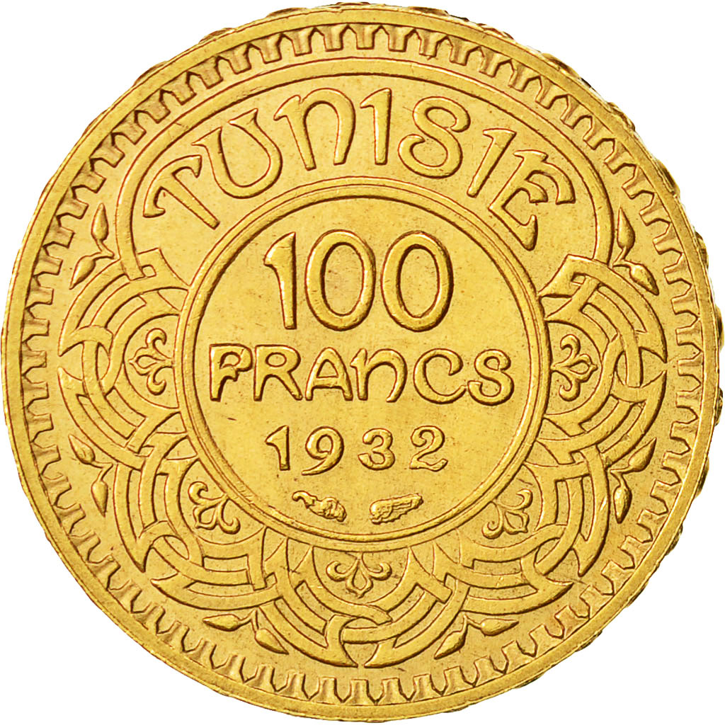 Coin, Tunisia, Ahmad Pasha Bey, 100 Francs, 1932, Paris, MS(60-62), Gold, KM:257