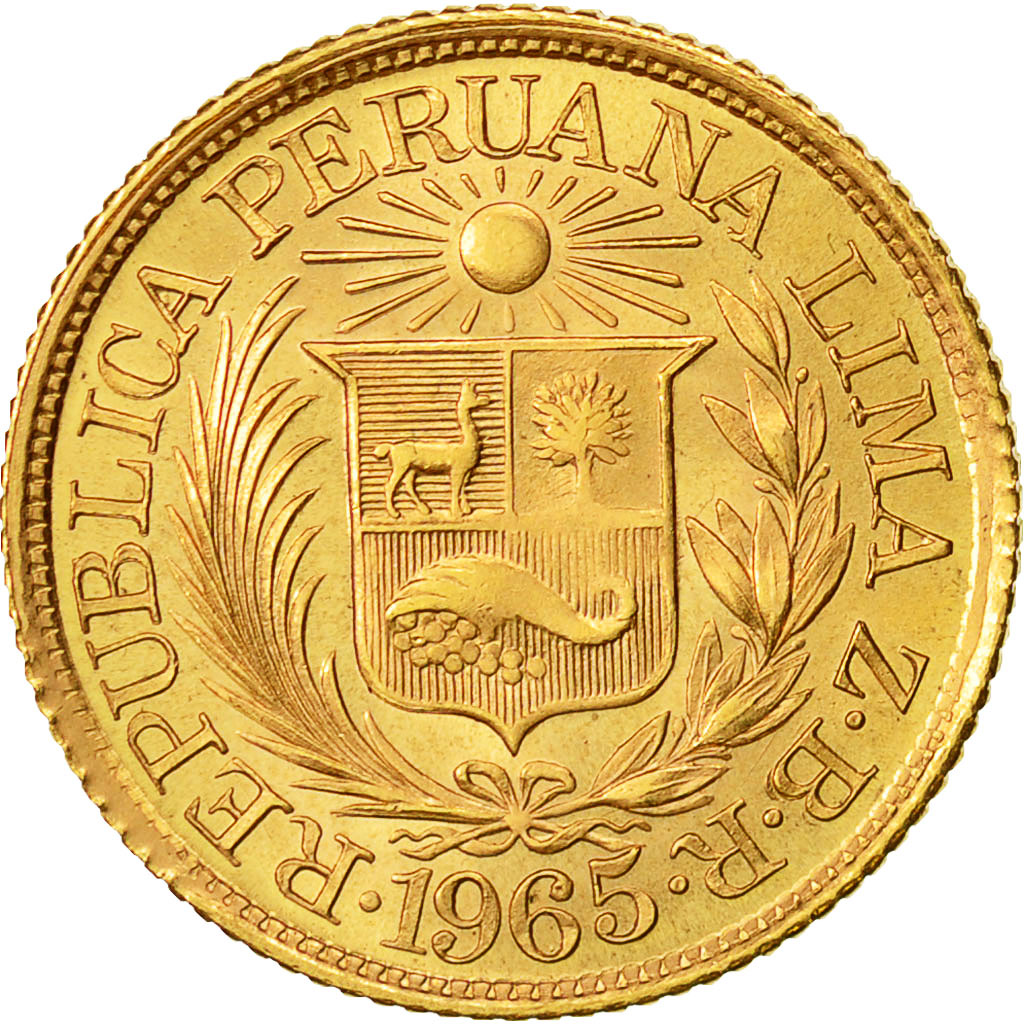 Coin, Peru, 1/2 Libra, Pound, 1965, Lima, MS(63), Gold, KM:209