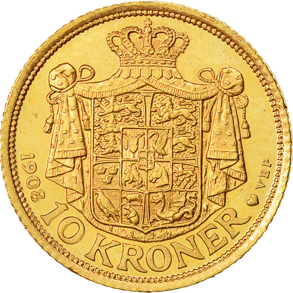 Moneta, Danimarca, Frederik VIII, 10 Kroner, 1908, Copenhagen, SPL, Oro, KM:809