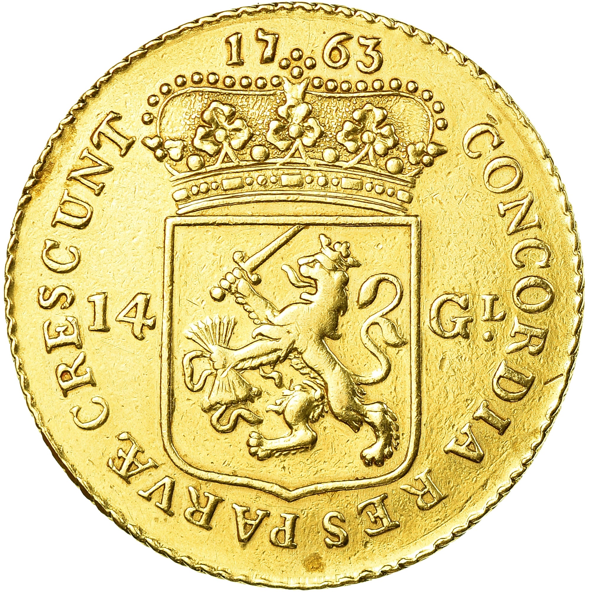 Coin, Netherlands, UTRECHT, 14 Gulden, 1763, EF(40-45), Gold, KM:104
