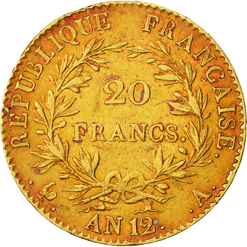 Moneda, Francia, Napoléon I, 20 Francs, An 12 (1804), Paris, MBC+, Oro, KM:651