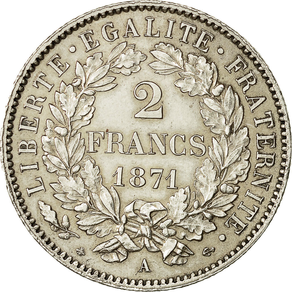 Moneta, Francja, Cérès, 2 Francs, 1871, Paris, AU(55-58), Srebro, KM:817.1