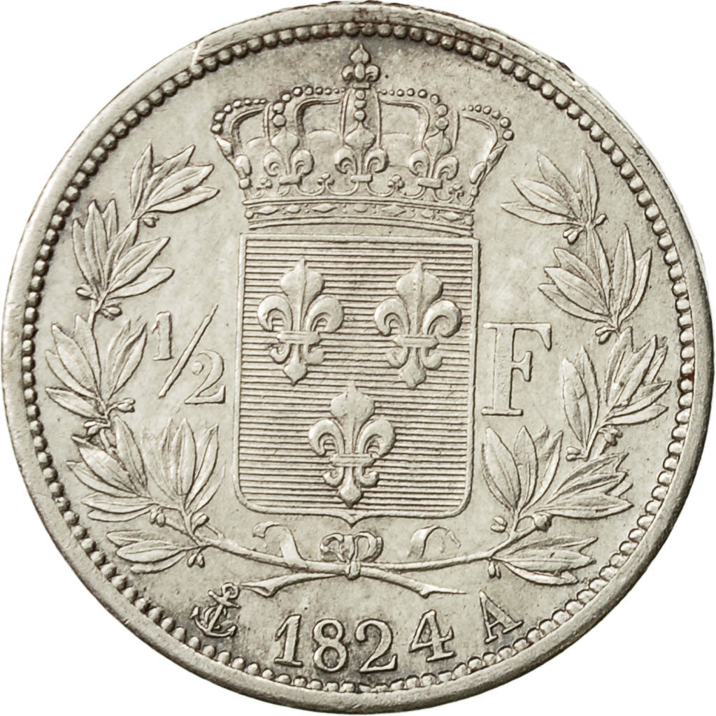 Coin, France, Louis XVIII, 1/2 Franc, 1824, Paris, AU(55-58)