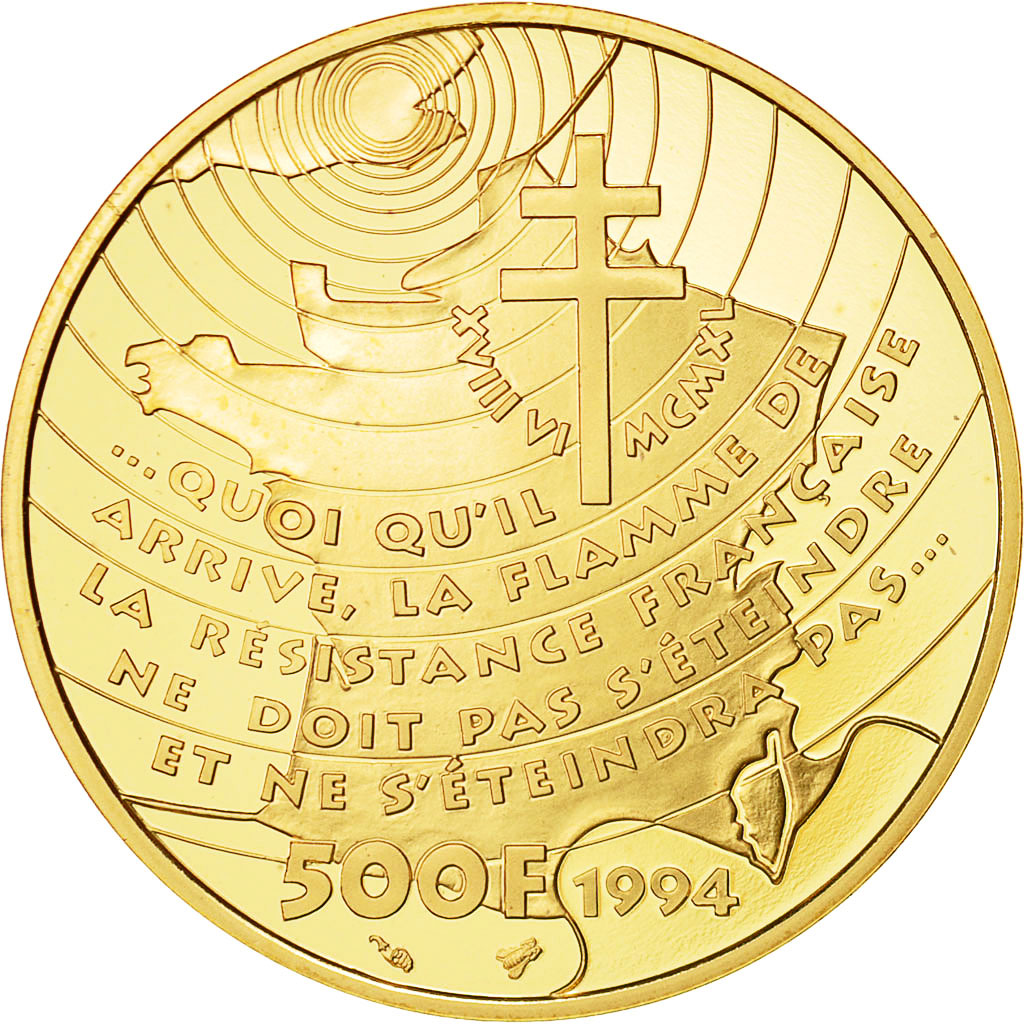 Moneta, Francia, Général De Gaulle, 500 Francs, 1994, Paris, FDC, Oro