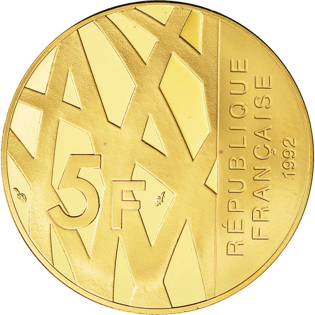 Münze, Frankreich, Mendès France, 5 Francs, 1992, Paris, STGL, Gold, KM:1006b