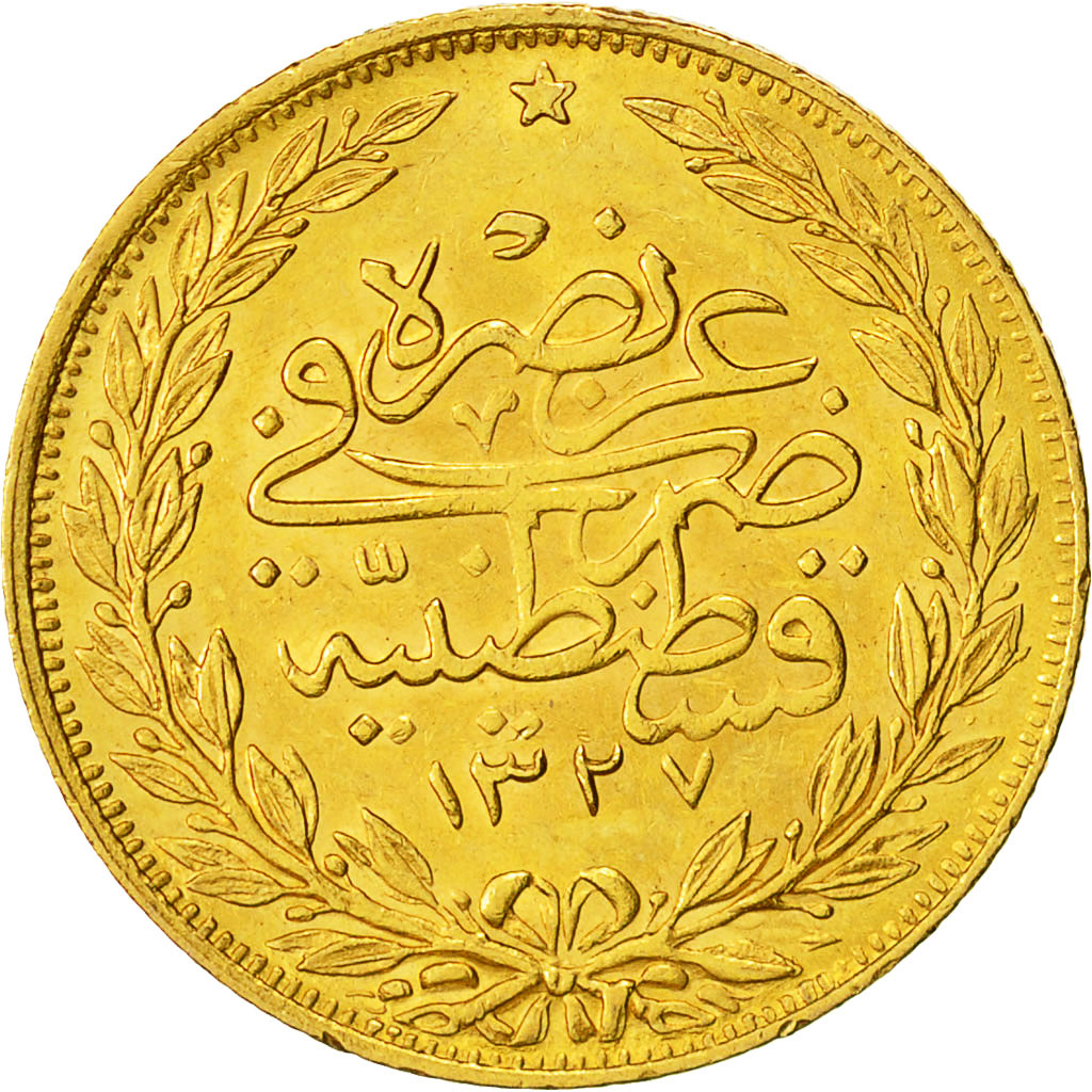 Coin, Turkey, Muhammad V, 100 Kurush, 1912, Qustantiniyah, MS(60-62), Gold